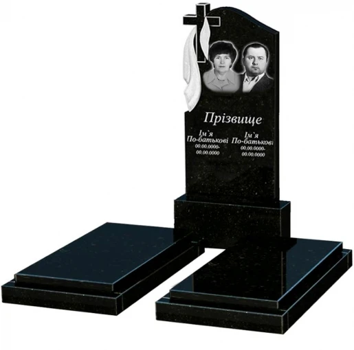 Основное Гранитный памятник с плащаницей и крестом резной двойной из черного гранита Коростышев к21-kor-pf-120-60-08-142