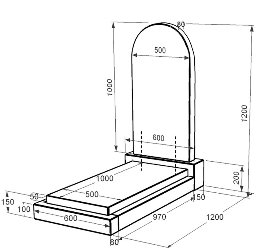 Розміри Пам'ятник із граніту з полукруглою стелою одинарний із чорного граніту Коростишів к12-kor-npf-100-50-08-006