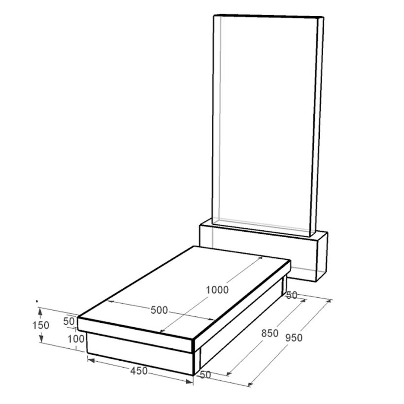 Розміри Гробничка на могилу довжиною 100 см 1000x500x150 з граніту з полірованими фасками Коростишівського кар'єру серія Базіс gr-kor-pf-1000-500-Bazys-4-np