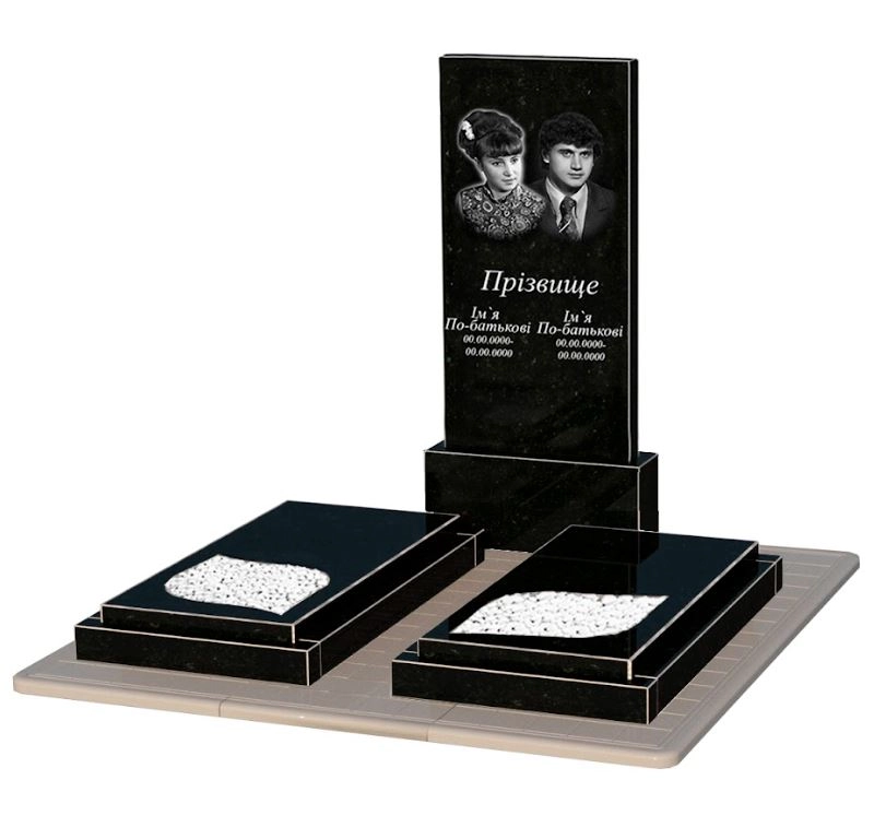 Основне Гранітний пам'ятник з двома надгробками подвійний із чорного граніту Коростишів з листом різьблена робота к22-kor-npf-120-60-08-001-pbd3