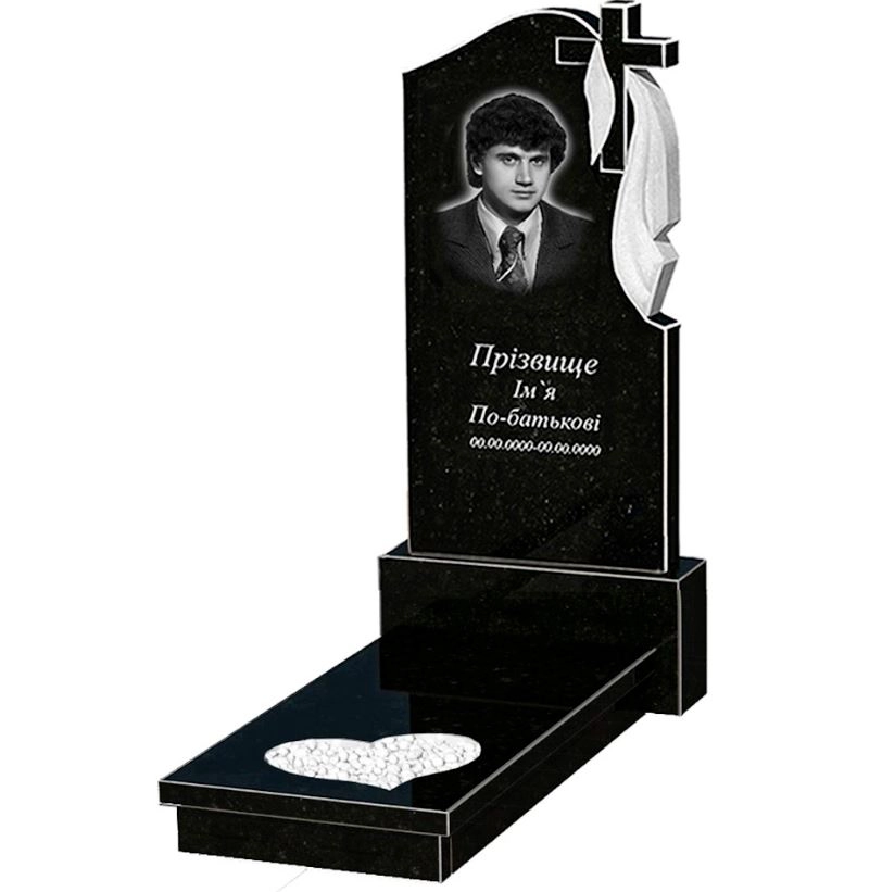 Основне Гранітний пам'ятник з серцем різьблена робота одинарний із чорного граніту Коростишів к11-kor-npf-120-60-08-142-r