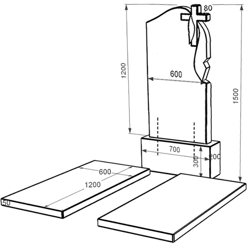 Розміри Гранітний пам'ятник стела 120х60 см подвійний із чорного граніту Коростишів з хрестом та плащаницею різьблений к17-kor-npf-120-60-08-142-r