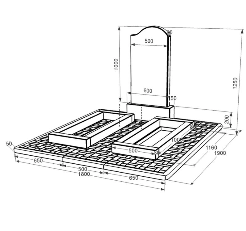 Розміри Пам'ятник із граніту з 2 надгробками подвійний із чорного граніту Коростишів з хвилею різьблений к14-kor-npf-100-50-08-011-r-pbd2