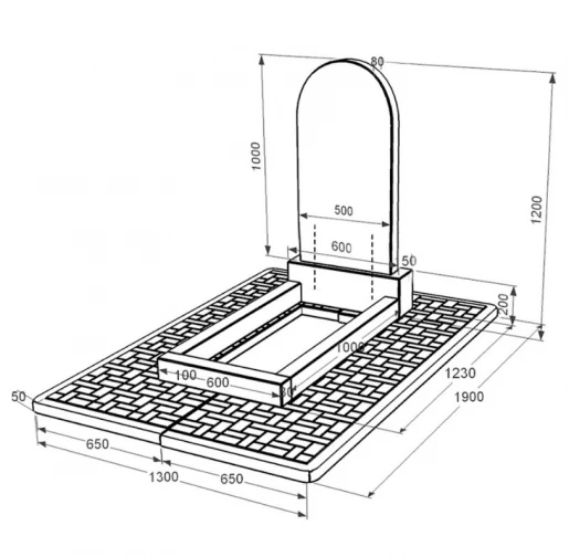 Размеры Надгробие из гранита с полукруглой стелой одинарное из черного гранита Коростышев к2-kor-pf-100-50-08-006-pbd2