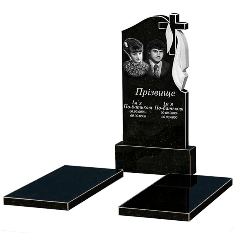 Основне Пам'ятник із граніту з хрестом різьблений подвійний із чорного граніту Коростишів к17-kor-npf-100-50-08-142-r