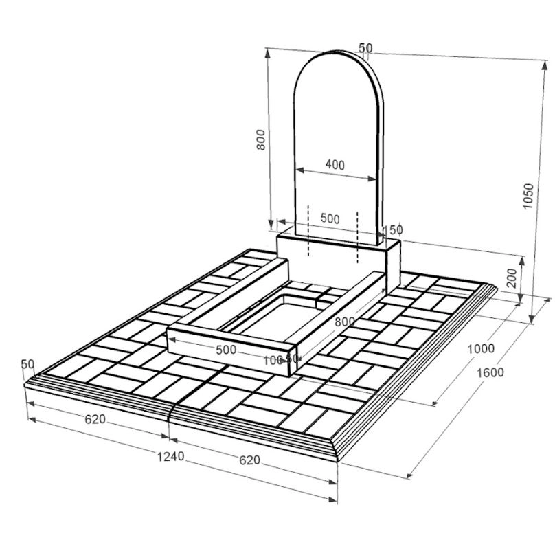 Размеры Гранитный памятник с полукруглой стелой одинарный из черного гранита Коростышев к2-kor-pf-80-40-05-006-pbd1
