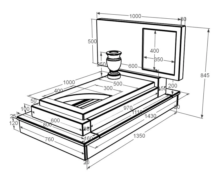 Розміри Пам'ятник надгробок з мармуру висотою 70 см одинарний з мармуру Дайна з вирізаним куточком к24-dan-pf-50-100-05-001-ck