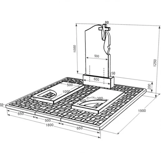 Размеры Памятник из гранита с надгробной плитой двойной из черного гранита Коростышев с вырезанным уголком к18-kor-npf-100-50-08-142-r-pbd2