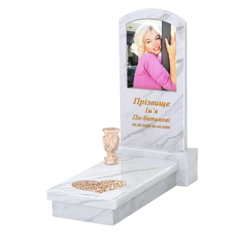 Основне Мармуровий пам'ятник для могили одинарний з білого мармуру Волокас з серцем різьблена робота з дугою різьблений к11-vol-pf-80-40-05-009