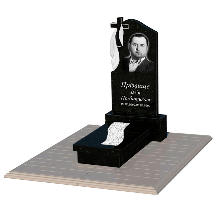 Основне Пам'ятник із граніту з вирізаною смугою одинарний із чорного граніту Коростишів з хрестом різьблений к23-kor-pf-80-40-08-142-pbd1