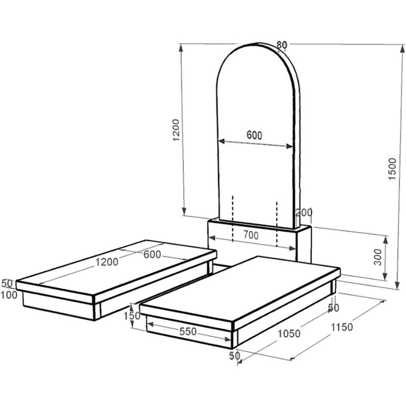 Розміри Гранітний пам'ятник подружжю подвійний із чорного граніту Коростишів з полукруглою стелою к19-kor-npf-120-60-08-006