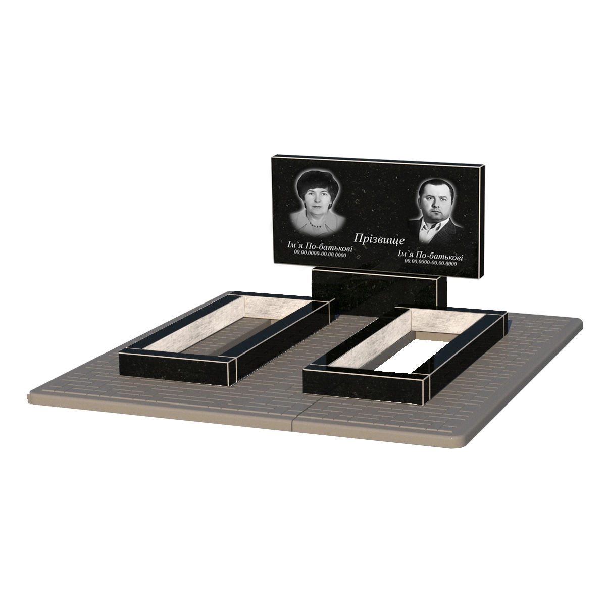 Без декору Гранітний пам'ятник на кладовище з квітником подвійний із чорного граніту Коростишів без різьблених робіт к14-kor-npf-50-100-08-001-pbd2