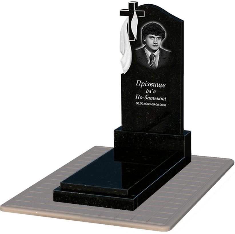 Основне Гранітний пам'ятник чоловічий одинарний із чорного граніту Коростишів з хрестом та плащаницею різьблений к12-kor-pf-120-60-08-142-pbd3