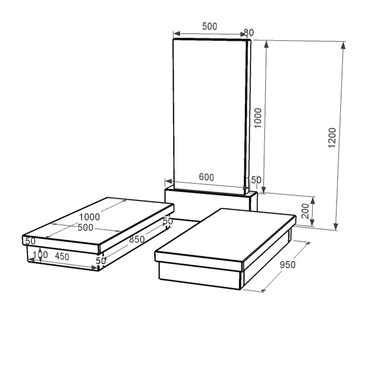 Размеры Гранит надгробие с гробницей 1200x600x1150 двойное из черного гранита Коростышевского карьера серия Базис 001 к19-kor-npf-100-50-08-001