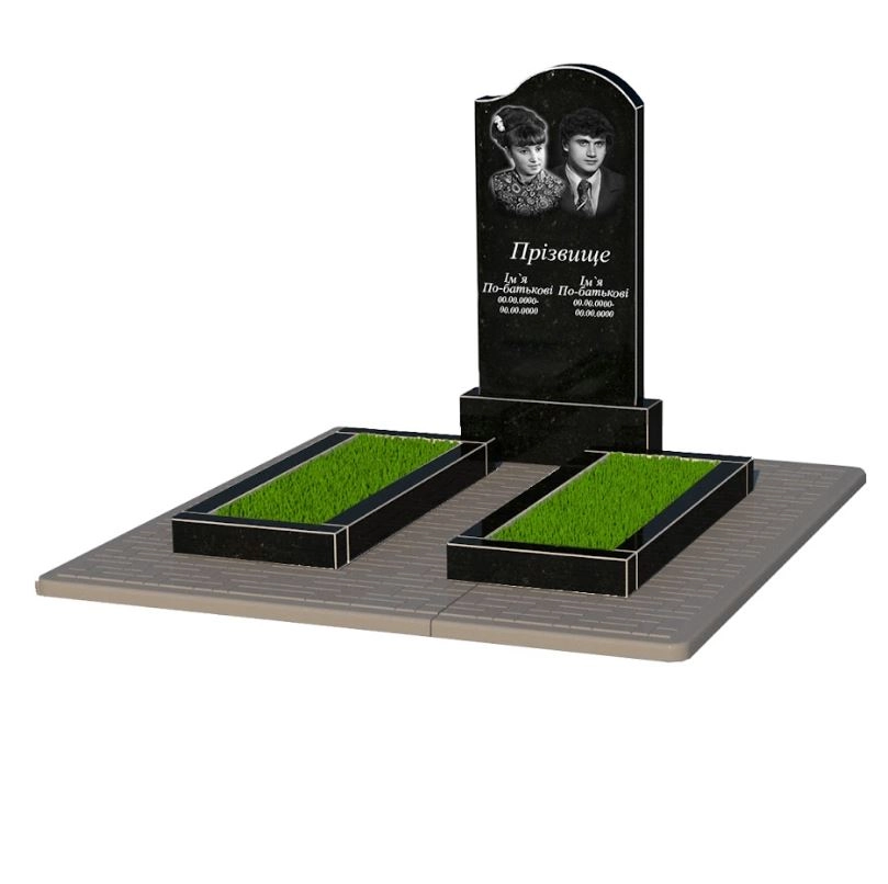 Основне Пам'ятник із граніту з 2 надгробками подвійний із чорного граніту Коростишів з хвилею різьблений к14-kor-npf-100-50-08-011-r-pbd2