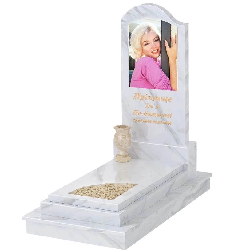 Основне Одинарний мармуровий пам'ятник з гробницею з білого мармуру Волокас з вирізаним куточком к24-vol-pf-120-60-08-011-l-ck