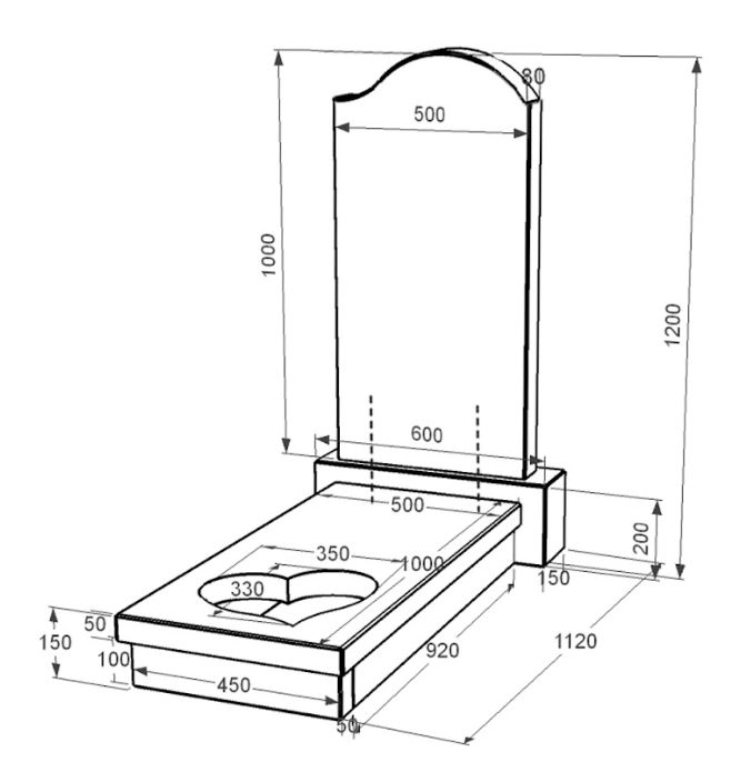 Розміри Гранітний пам'ятник з полірованими фасками одинарний із чорного граніту Коростишів з серцем різьблена робота к11-kor-pf-100-50-08-011-r