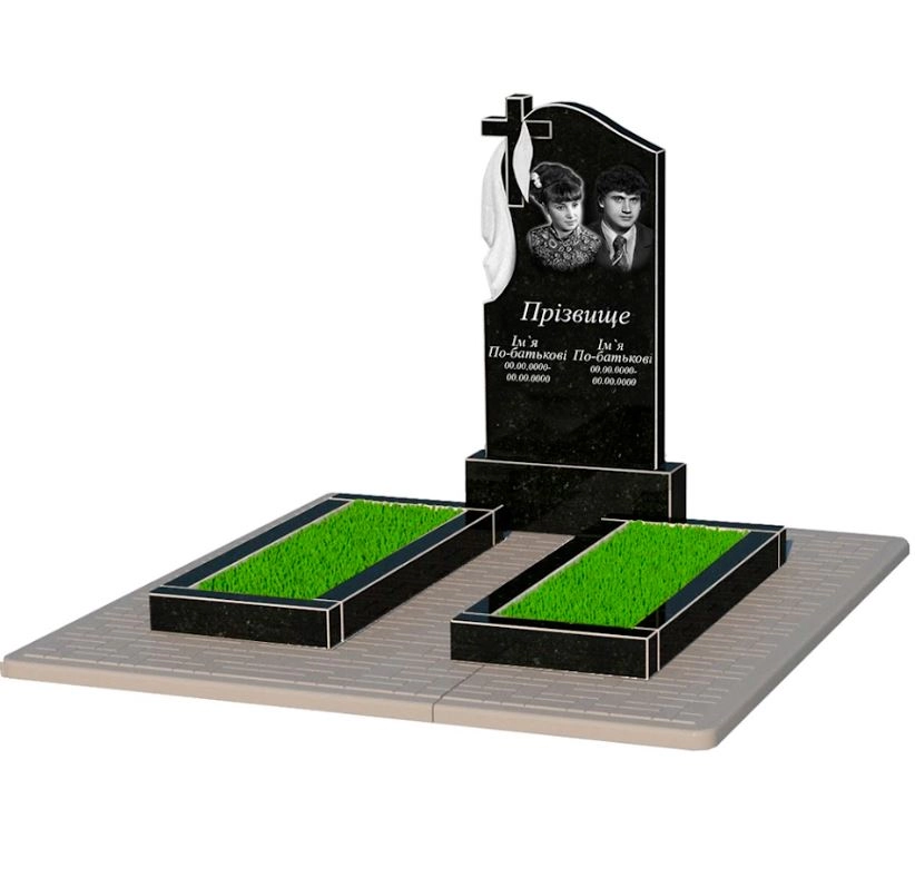 Основне Пам'ятник із граніту з хрестом різьблений подвійний із чорного граніту Коростишів з плащаницею різьблений к14-kor-npf-100-50-08-142-pbd2