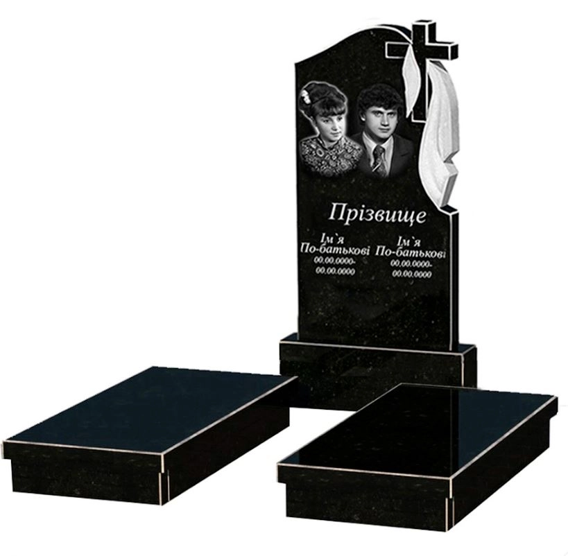 Основное Гранитный памятник среднего размера двойной из черного гранита Коростышев с крестом и плащаницей резной к19-kor-npf-100-50-08-142-r