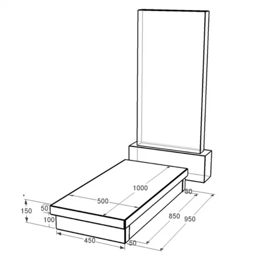 Размеры Гробничка на могилу с отдельностоящими от памятника нижними надгробиями 1000x500x150 из гранита с неполированными фасками Коростышевского карьера серия Базис gr-kor-npf-1000-500-Bazys-4-np