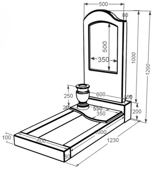Розміри Мармуровий пам'ятник фігурний одинарний з мармуру Дайна з хвилею різьблений к5-dan-pf-100-50-08-011-l