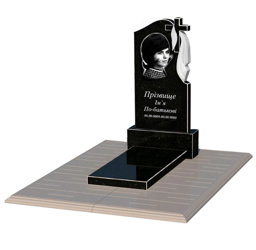 Основне Гранітний пам'ятник з надгробною плитою одинарний із чорного граніту Коростишів з хрестом та плащаницею різьблений к7-kor-npf-80-40-05-142-r-pbd1