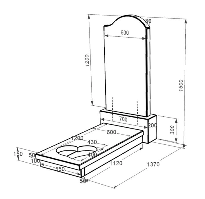 Розміри Гранітний пам'ятник з декоруванням білою галькою одинарний із чорного граніту Коростишів з хвилею та серцем різьблений к11-kor-npf-120-60-08-011-r