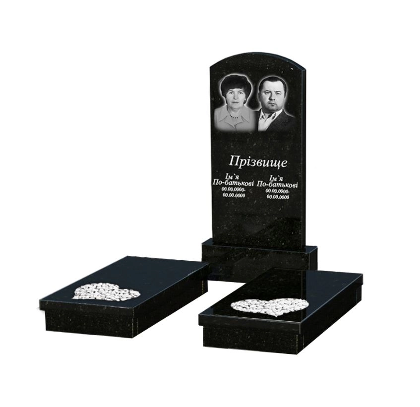 Основне Гранітний пам'ятник з серцем різьблена робота подвійний із чорного граніту Коростишів к20-kor-pf-100-50-08-009