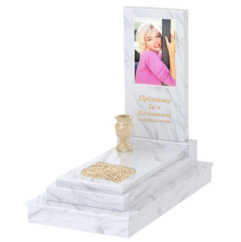 Основне Мармуровий пам'ятник на могилу одинарний з білого мармуру Волокас з листом різьблена робота к13-vol-pf-100-50-08-001-ck