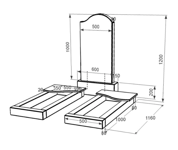 Розміри Гранітний пам'ятник середнього розміру подвійний із чорного граніту Коростишів з хвилею різьблений к15-kor-pf-100-50-08-011-r