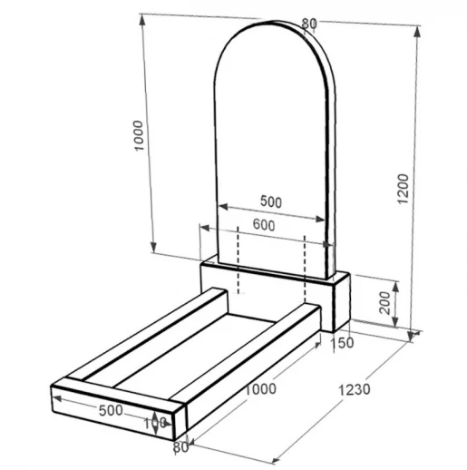 Розміри Гранітна плита на могилу з полукруглою стелою одинарний із чорного граніту Коростишів к1-kor-pf-100-50-08-006