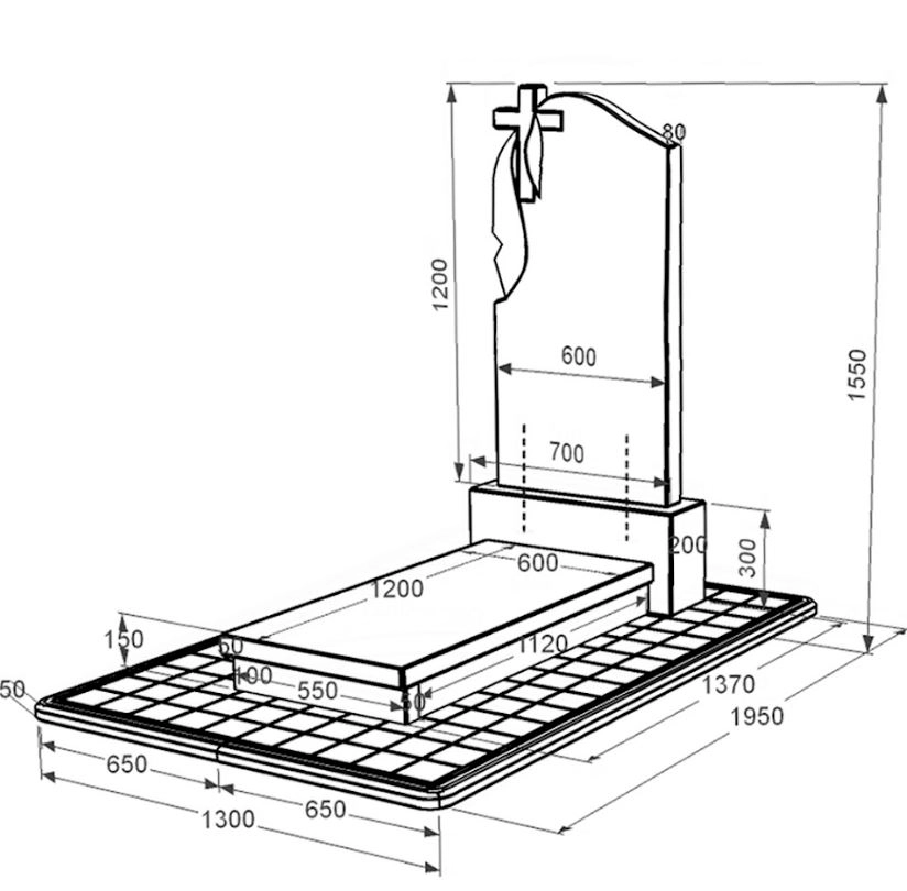 Розміри Гранітний пам'ятник з хрестом та плащаницею різьблений одинарний із чорного граніту Коростишів к10-kor-npf-120-60-08-142-pbd3