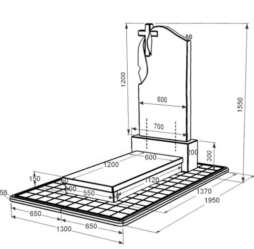 Розміри Гранітний пам'ятник з хрестом та плащаницею різьблений одинарний із чорного граніту Коростишів к10-kor-npf-120-60-08-142-pbd3