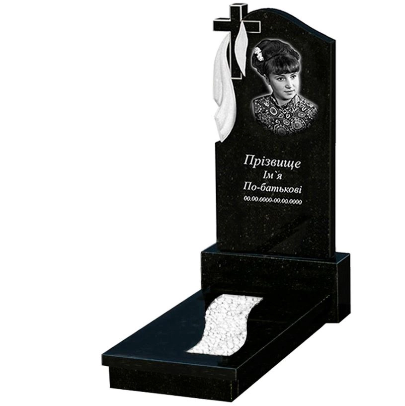 Основне Пам'ятник із граніту з хрестом з плащаницею різьблений одинарний із чорного граніту Коростишів к23-kor-pf-120-60-08-142