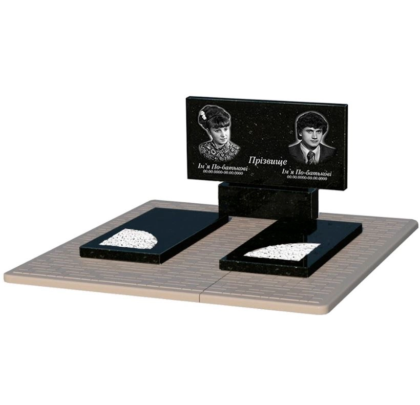 Основне Гранітний камінь на могилу з вирізаним куточком подвійний із чорного граніту Коростишів к18-kor-pf-50-100-08-001-pbd2