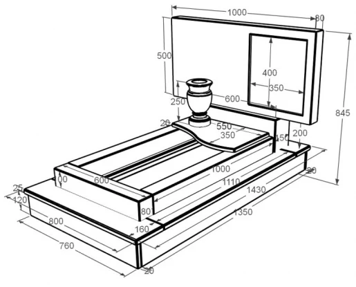 Размеры Мраморный памятник на могилу горизонтальный одинарный из мрамора Дайна с волной резной к5-dan-pf-50-100-05-001-ck