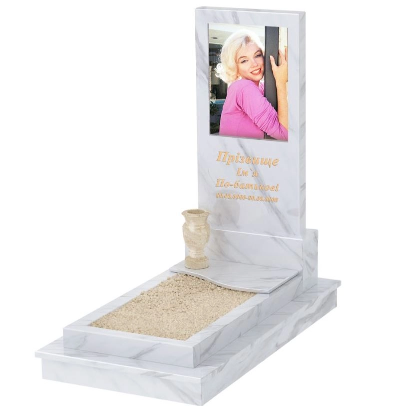 Основне Мармурова плита на могилу високий одинарний з білого мармуру Волокас з хвилею різьблений к5-vol-pf-120-60-08-001-ck