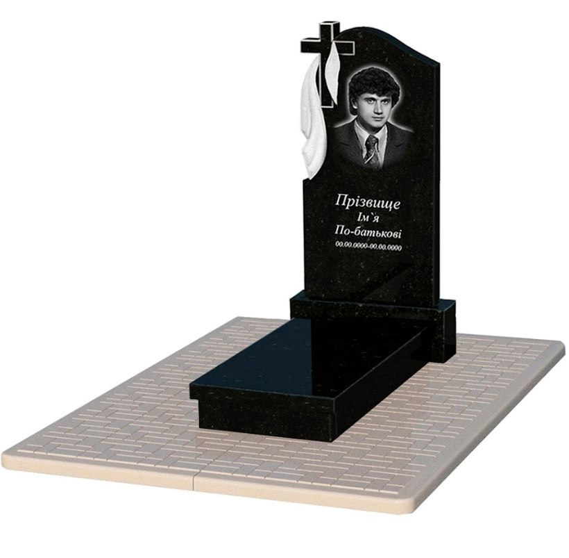 Основное Гранитный памятник с крестом резной одинарный из черного гранита Коростышев с плащаницей резной к10-kor-pf-100-50-08-142-pbd2