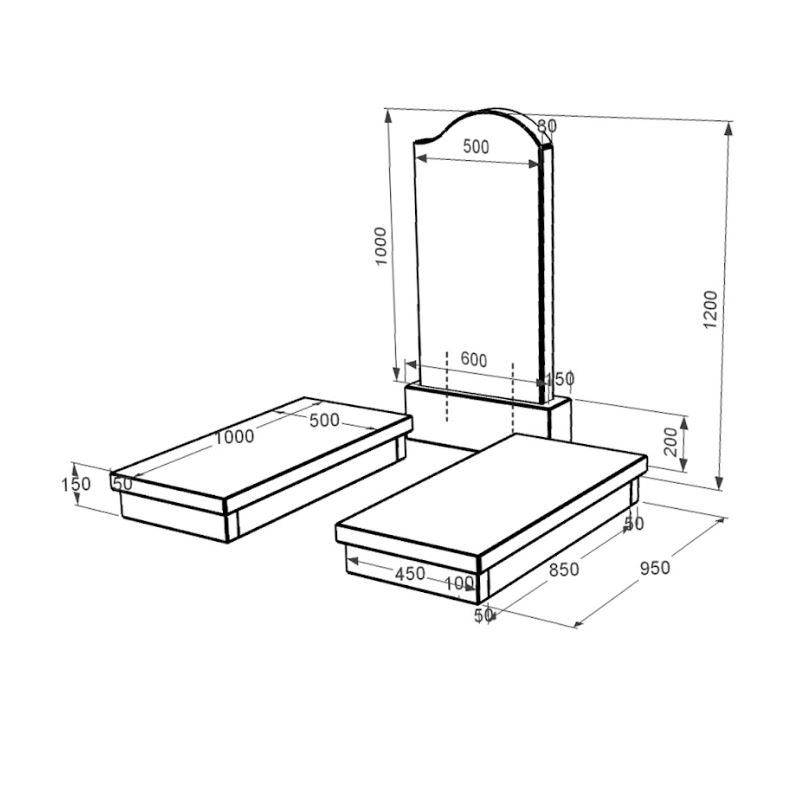 Размеры Гранитный камень на могилу на двоих из черного гранита Коростышев с волной резной к19-kor-pf-100-50-08-011-r
