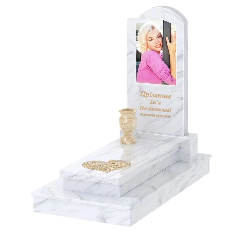 Основне Мармуровий пам'ятник з гробницею одинарний з білого мармуру Волокас з серцем різьблена робота к11-vol-pf-100-50-08-011-r-ck