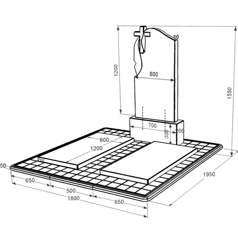 Розміри Пам'ятник із граніту чорного кольору подвійний із граніту Коростишів з хрестом та плащаницею різьблений к17-kor-pf-120-60-08-142-pbd3