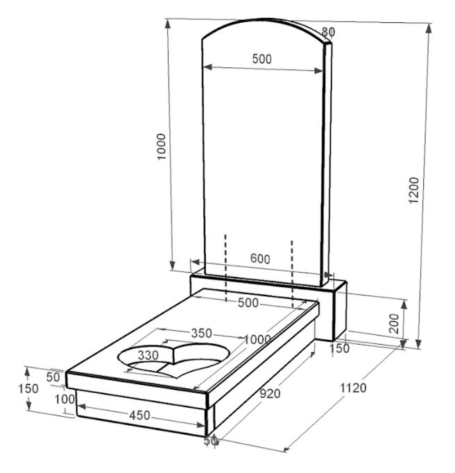 Розміри Гранітний пам'ятник з серцем різьблена робота одинарний із чорного граніту Коростишів к11-kor-pf-100-50-08-009