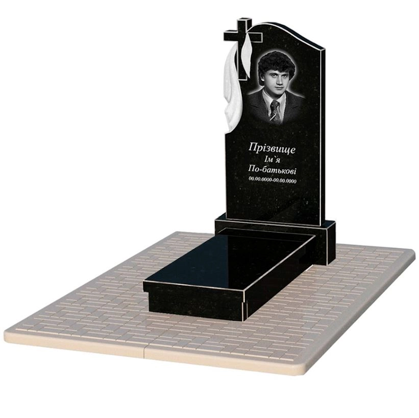 Основне Гранітний пам'ятник габро одинарний із чорного граніту Коростишів з хрестом різьблений з плащаницею різьблений к10-kor-npf-100-50-08-142-pbd2