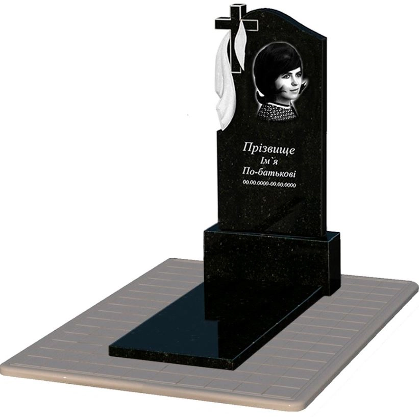 Основне Гранітний пам'ятник з надгробною плитою одинарний із чорного граніту Коростишів з хрестом та плащаницею різьблений к7-kor-pf-120-60-08-142-pbd3