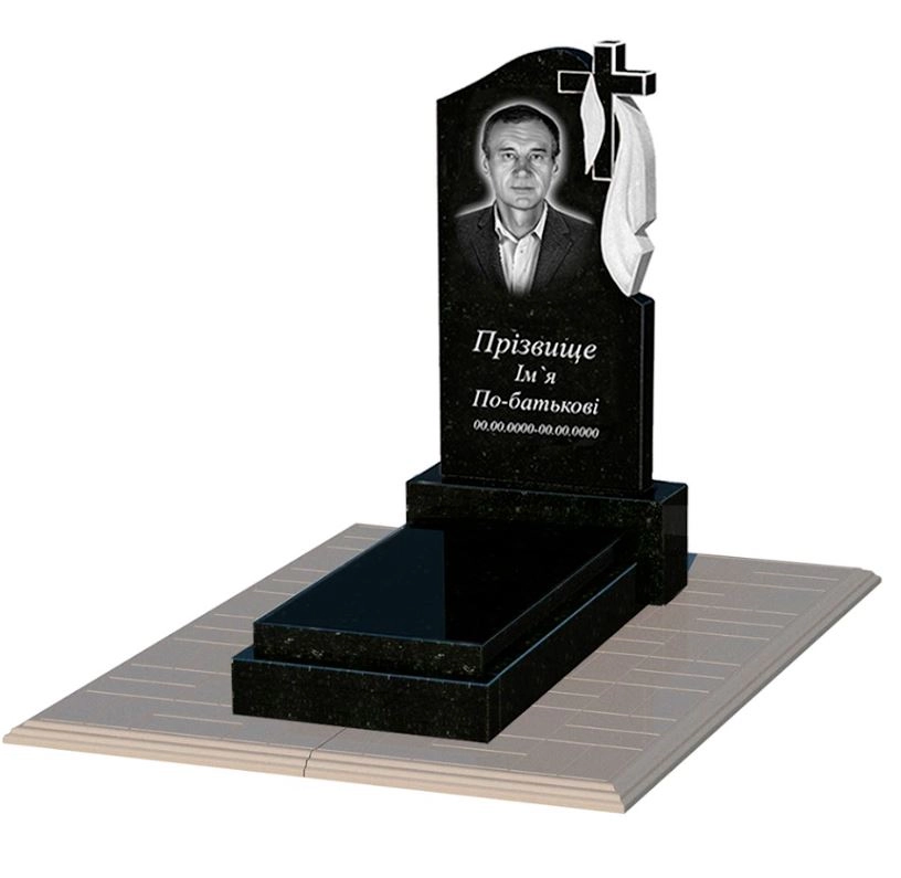 Основне Гранітний пам'ятник габро одинарний із чорного граніту Коростишів з хрестом та плащаницею різьблений к12-kor-pf-80-40-05-142-r-pbd1
