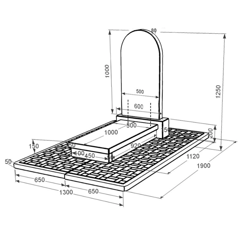 Розміри Надгробок із граніту з гробницею одинарний із чорного граніту Коростишів з полукруглою стелою к10-kor-pf-100-50-08-006-pbd2