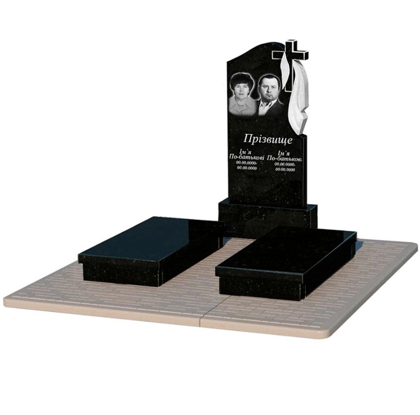 Основне Гранітний пам'ятник на двох із чорного граніту Коростишів з хрестом та плащаницею різьблений к19-kor-pf-100-50-08-142-r-pbd2