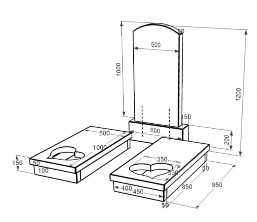 Размеры Гранитный памятник с сердцем резная работа двойной из черного гранита Коростышев к20-kor-pf-100-50-08-009