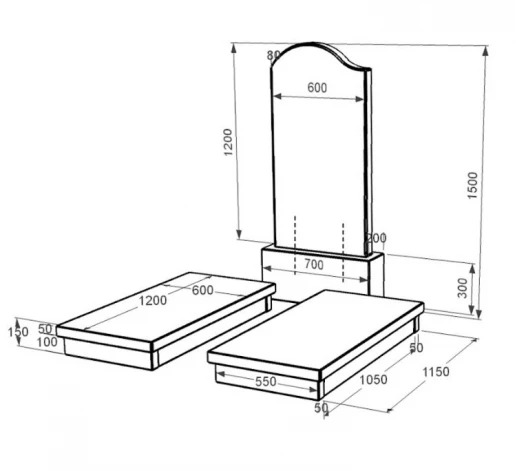 Розміри Гранітний пам'ятник з гробницею подвійний із чорного граніту Коростишів з хвилею різьблений к19-kor-pf-120-60-08-011-l