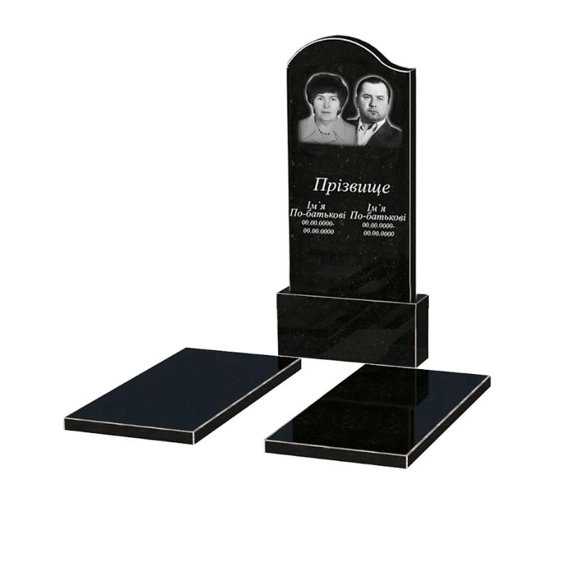 Основне Гранітний пам'ятник широкий подвійний із чорного граніту Коростишів з хвилею різьблений к17-kor-npf-120-60-08-011
